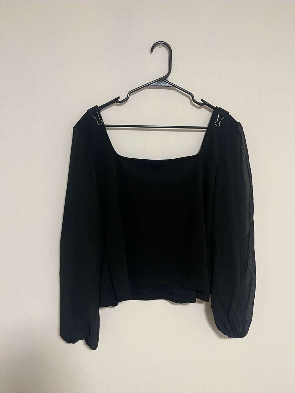 Square Neck Blouse with Sheer Sleeves